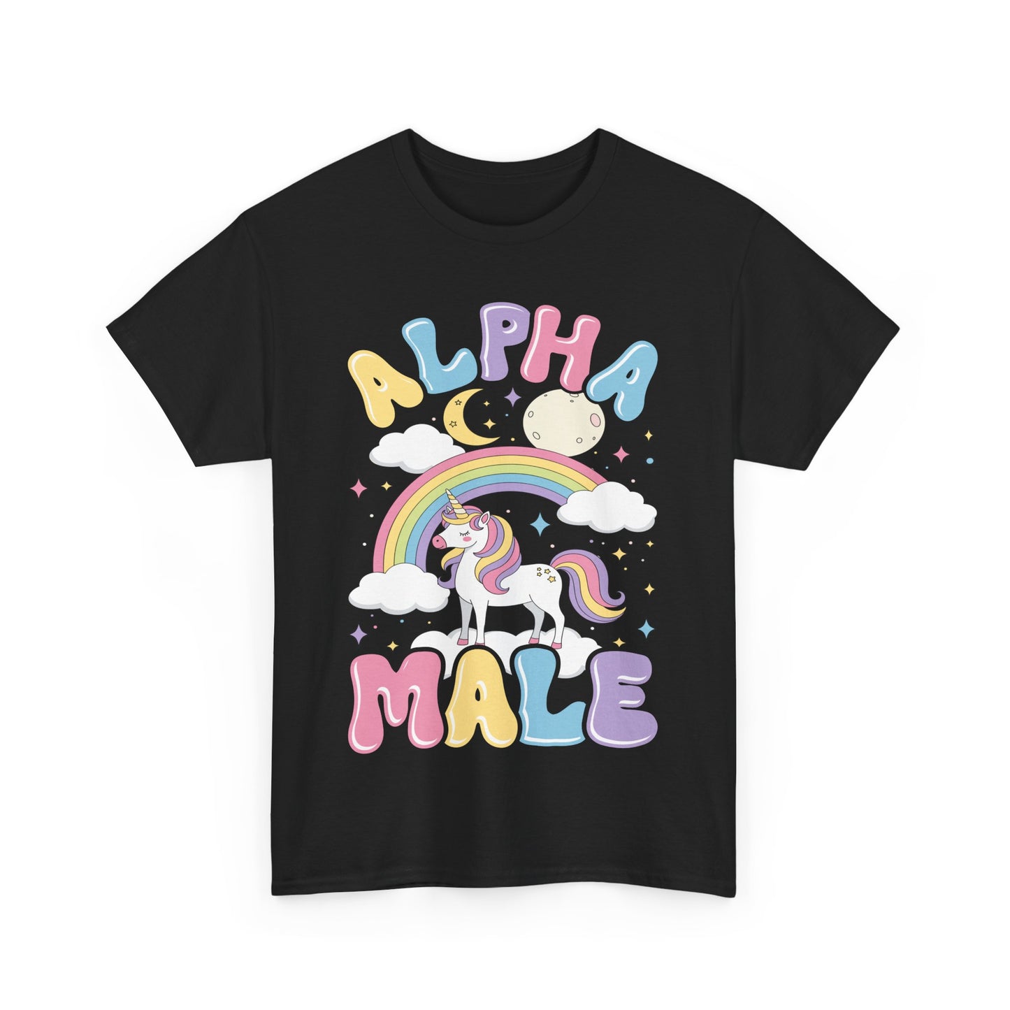 Unisex T-Shirt mit Regenbogen-Einhorn und dem Spruch „Alpha Male“ in bunten Lettern – humorvoll, sarkastisch und mädchenhaft gestaltet in schwarz