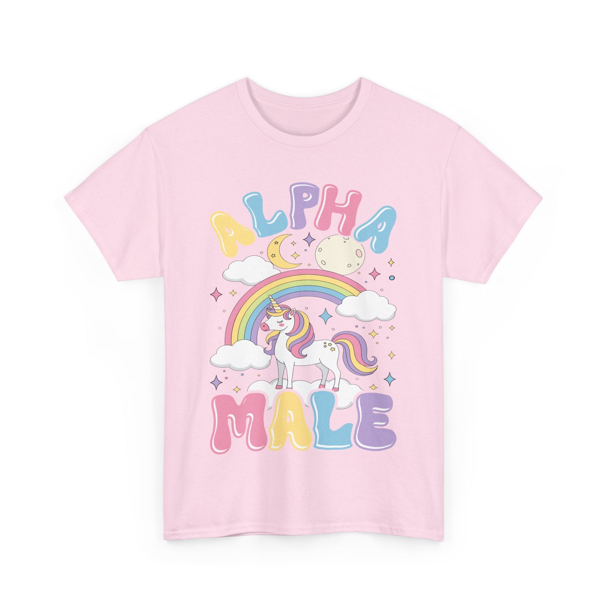 Unisex T-Shirt mit Regenbogen-Einhorn und dem Spruch „Alpha Male“ in bunten Lettern – humorvoll, sarkastisch und mädchenhaft gestaltet pink