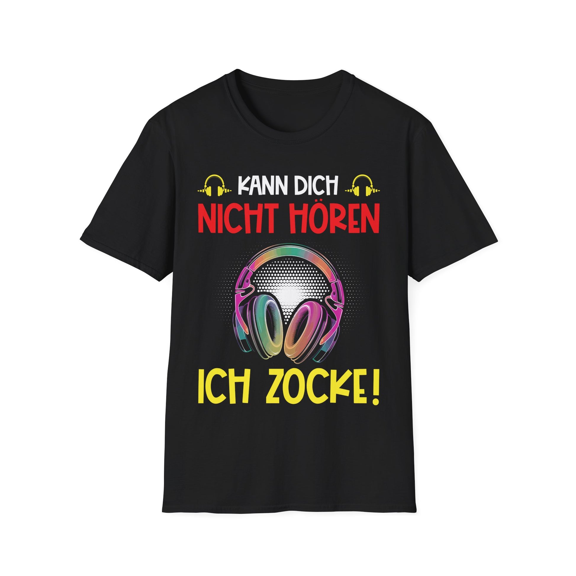 Schwarzes T-Shirt mit buntem Headset und dem Spruch „Kann dich nicht hören – Ich zocke!“ in roten und gelben Lettern, ideal für Gamer