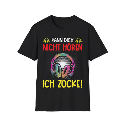 Schwarzes T-Shirt mit buntem Headset und dem Spruch „Kann dich nicht hören – Ich zocke!“ in roten und gelben Lettern, ideal für Gamer