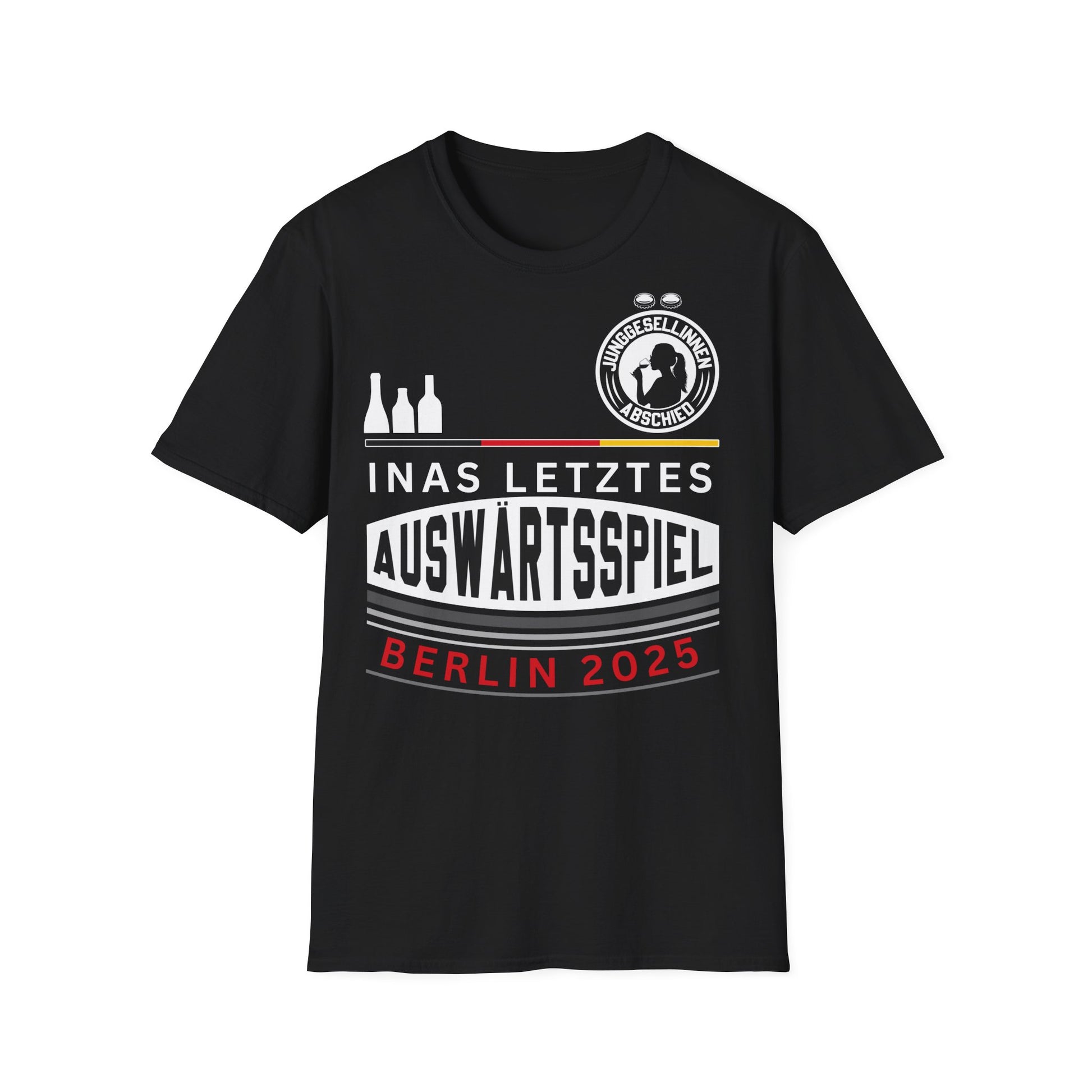 „Junggesellinnenabschied T-Shirt mit personalisiertem Aufdruck ‚Inas letztes Auswärtsspiel – Berlin 2025‘ in Rot, Weiß und Schwarz auf schwarzem Shirt – Design mit Bierflaschen und JGA-Symbol“