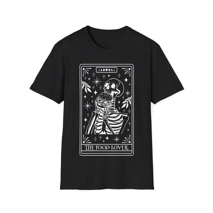 The Food Lover Tarot T-Shirt – weißes Unisex Shirt mit Skelett, das einen Burger isst im Tarotkarten-Stil