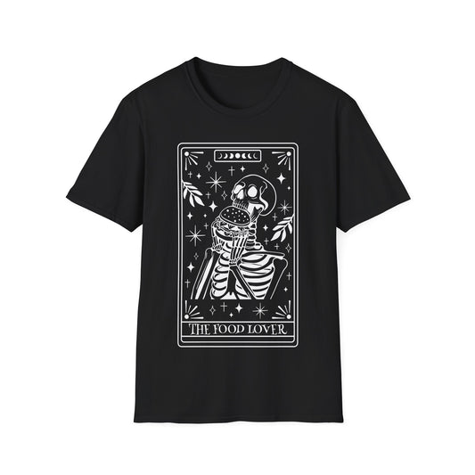 The Food Lover Tarot T-Shirt – weißes Unisex Shirt mit Skelett, das einen Burger isst im Tarotkarten-Stil