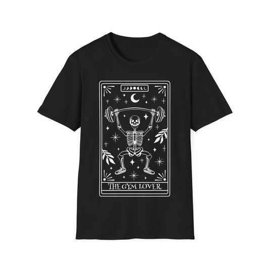 The Gym Lover Tarot T-Shirt – schwarzes Unisex Shirt mit mystischem Fitness-Motiv im Tarotkarten-Stil