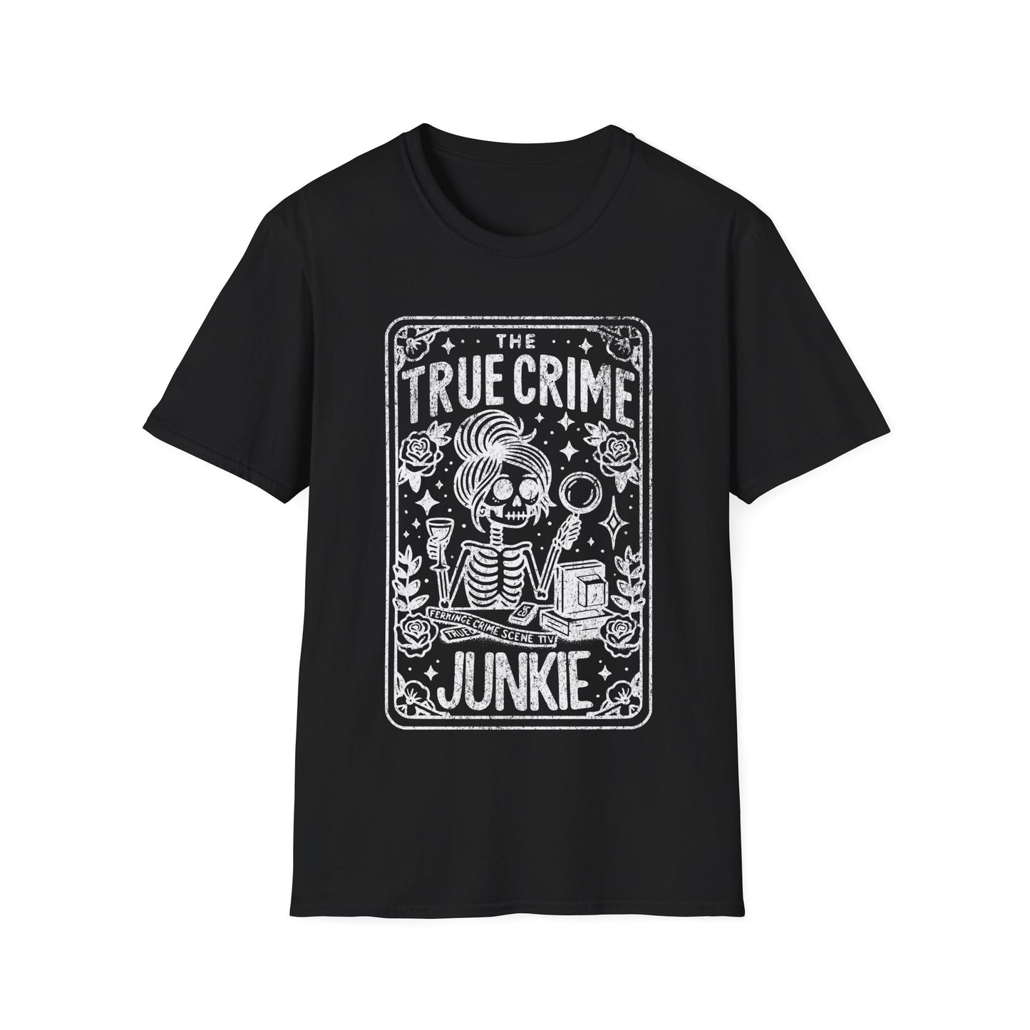 True Crime Junkie T-Shirt – schwarzes Unisex Shirt mit weißem Print für Crime-Fans und Krimi-Liebhaber:innen