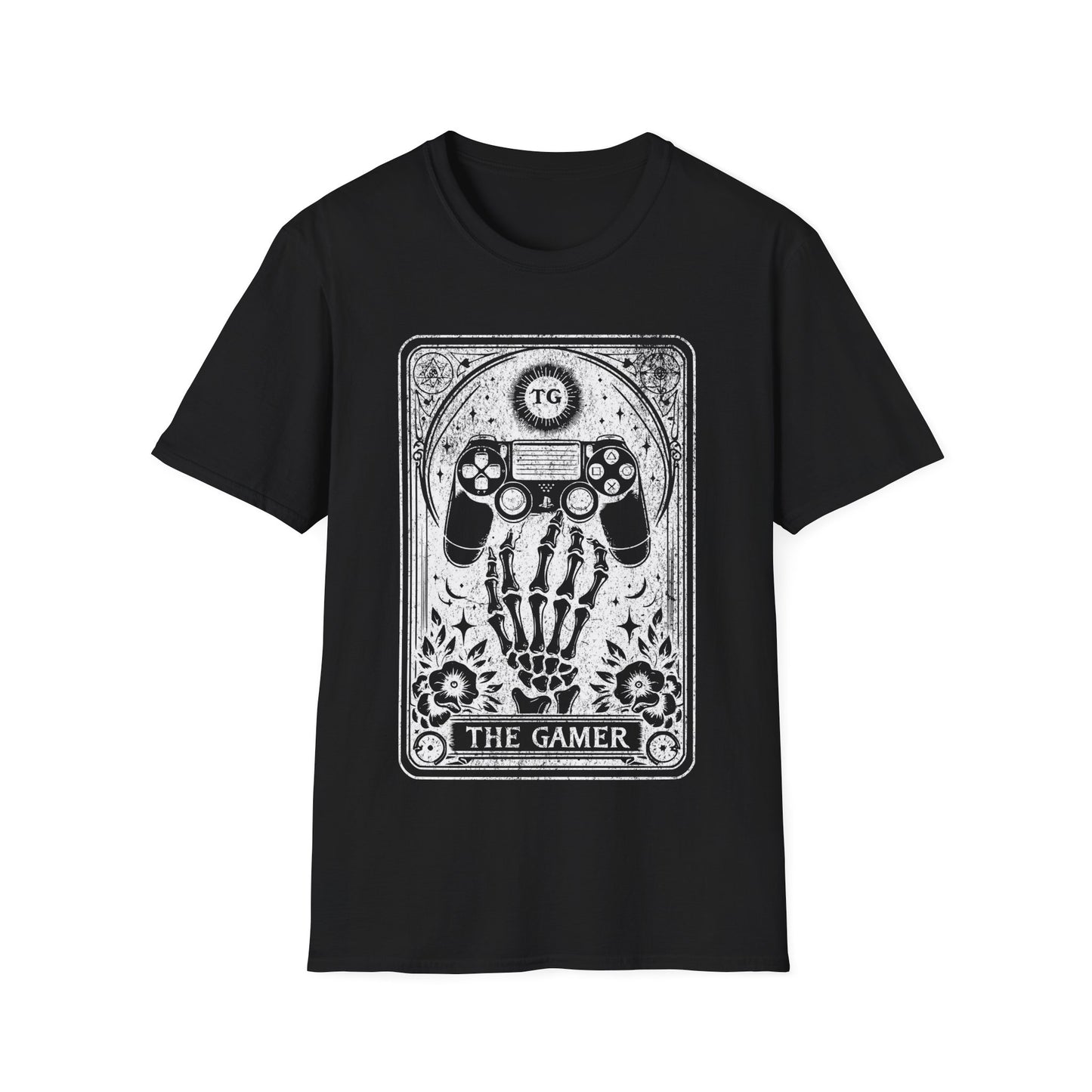 The Gamer Tarot T-Shirt – schwarzes Unisex Shirt mit Skelett-Hand, die einen Gaming Controller hält