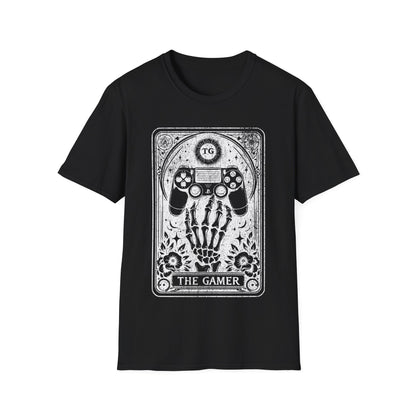The Gamer Tarot T-Shirt – schwarzes Unisex Shirt mit Skelett-Hand, die einen Gaming Controller hält