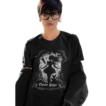 Gothic T-Shirt mit Aufdruck ‚Choose Happy‘ – schwarzes Unisex Shirt mit positiver Botschaft in düsterem Design