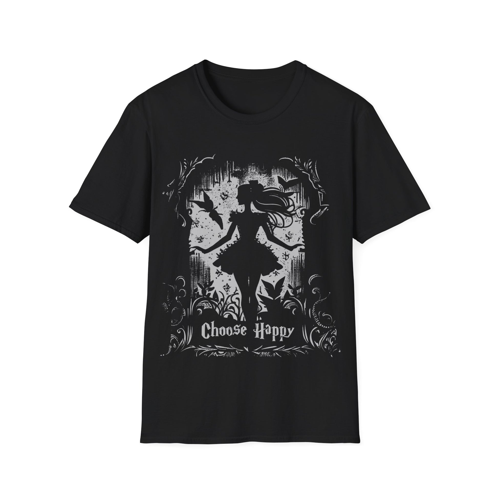 Gothic T-Shirt mit Aufdruck ‚Choose Happy‘ – schwarzes Unisex Shirt mit positiver Botschaft in düsterem Design