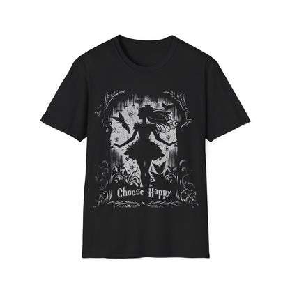 Gothic T-Shirt mit Aufdruck ‚Choose Happy‘ – schwarzes Unisex Shirt mit positiver Botschaft in düsterem Design
