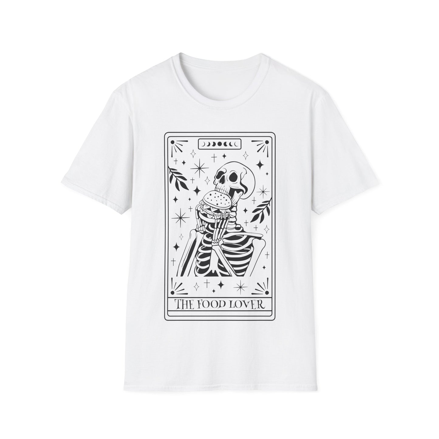 The Food Lover Tarot T-Shirt – weißes Unisex Shirt mit Skelett, das einen Burger isst im Tarotkarten-Stil