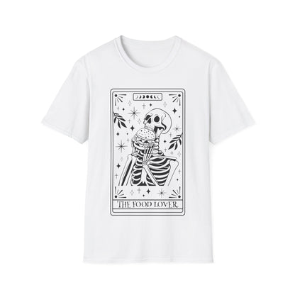 The Food Lover Tarot T-Shirt – weißes Unisex Shirt mit Skelett, das einen Burger isst im Tarotkarten-Stil