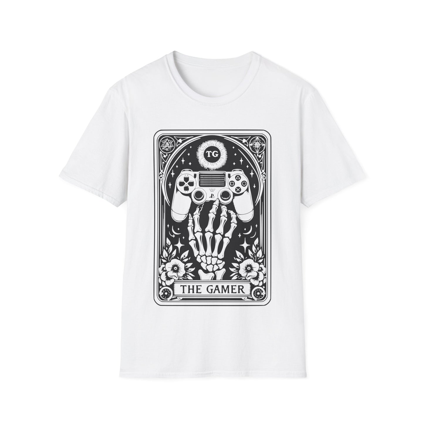 The Gamer Tarot T-Shirt – schwarzes Unisex Shirt mit Skelett-Hand, die einen Gaming Controller hält