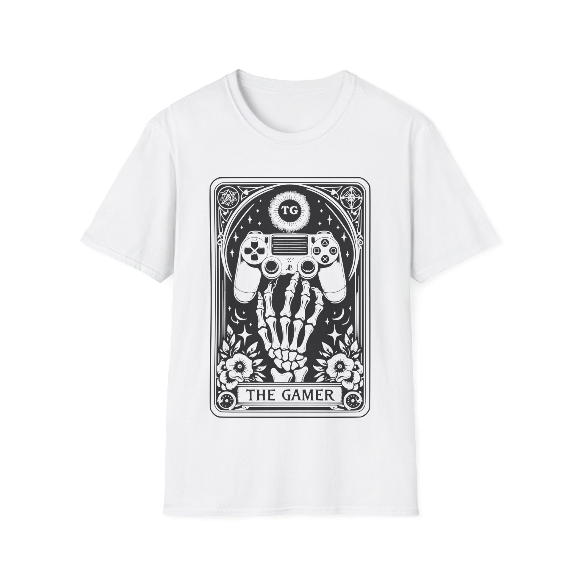 The Gamer Tarot T-Shirt – schwarzes Unisex Shirt mit Skelett-Hand, die einen Gaming Controller hält