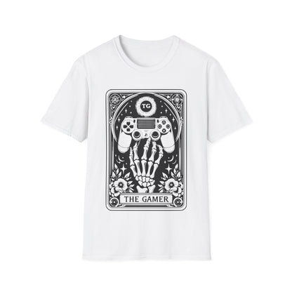 The Gamer Tarot T-Shirt – schwarzes Unisex Shirt mit Skelett-Hand, die einen Gaming Controller hält