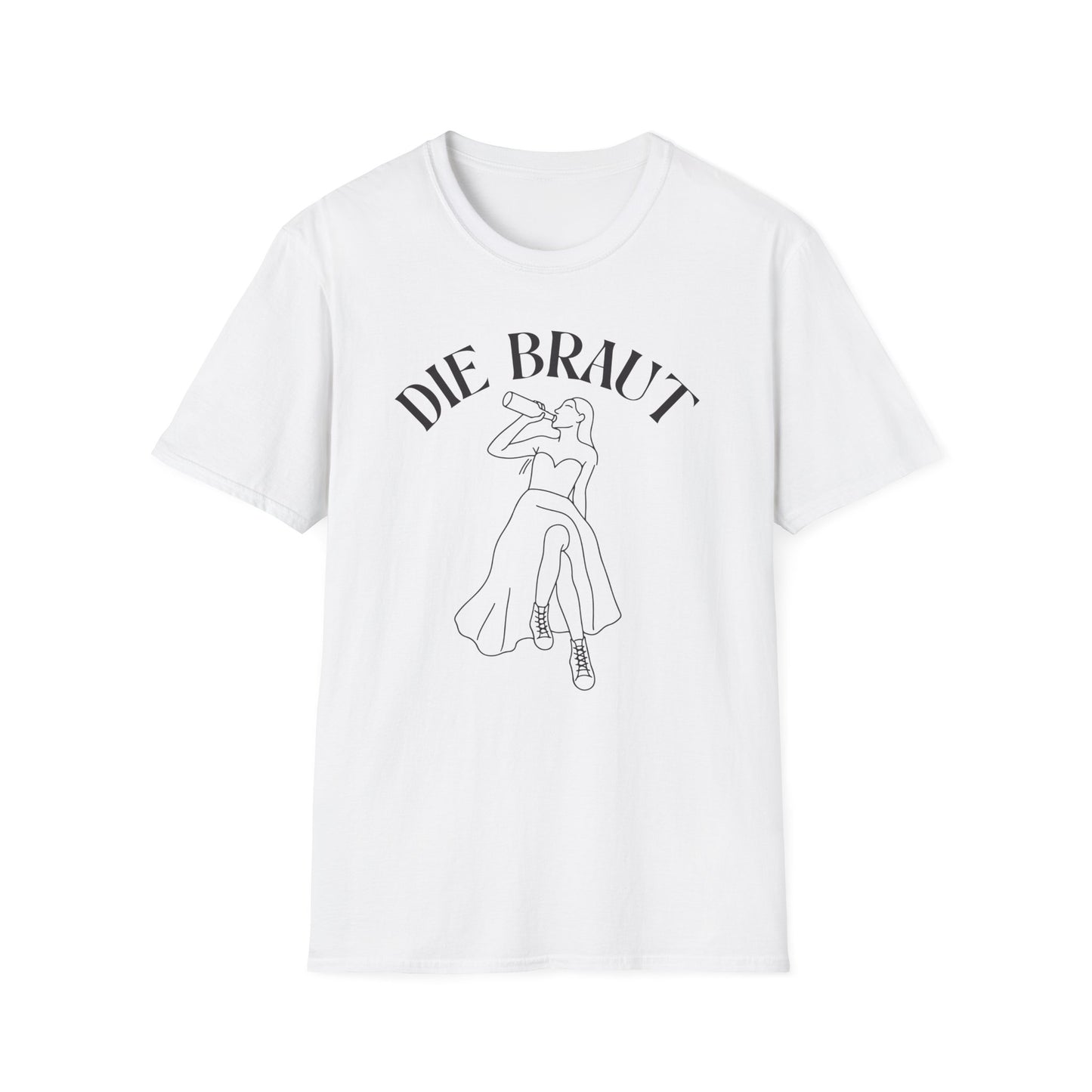 weißes Tshirt mit Braut im Kleid und Turnschuhen. Die Braut trinkt aus einer Alkohol Flasche