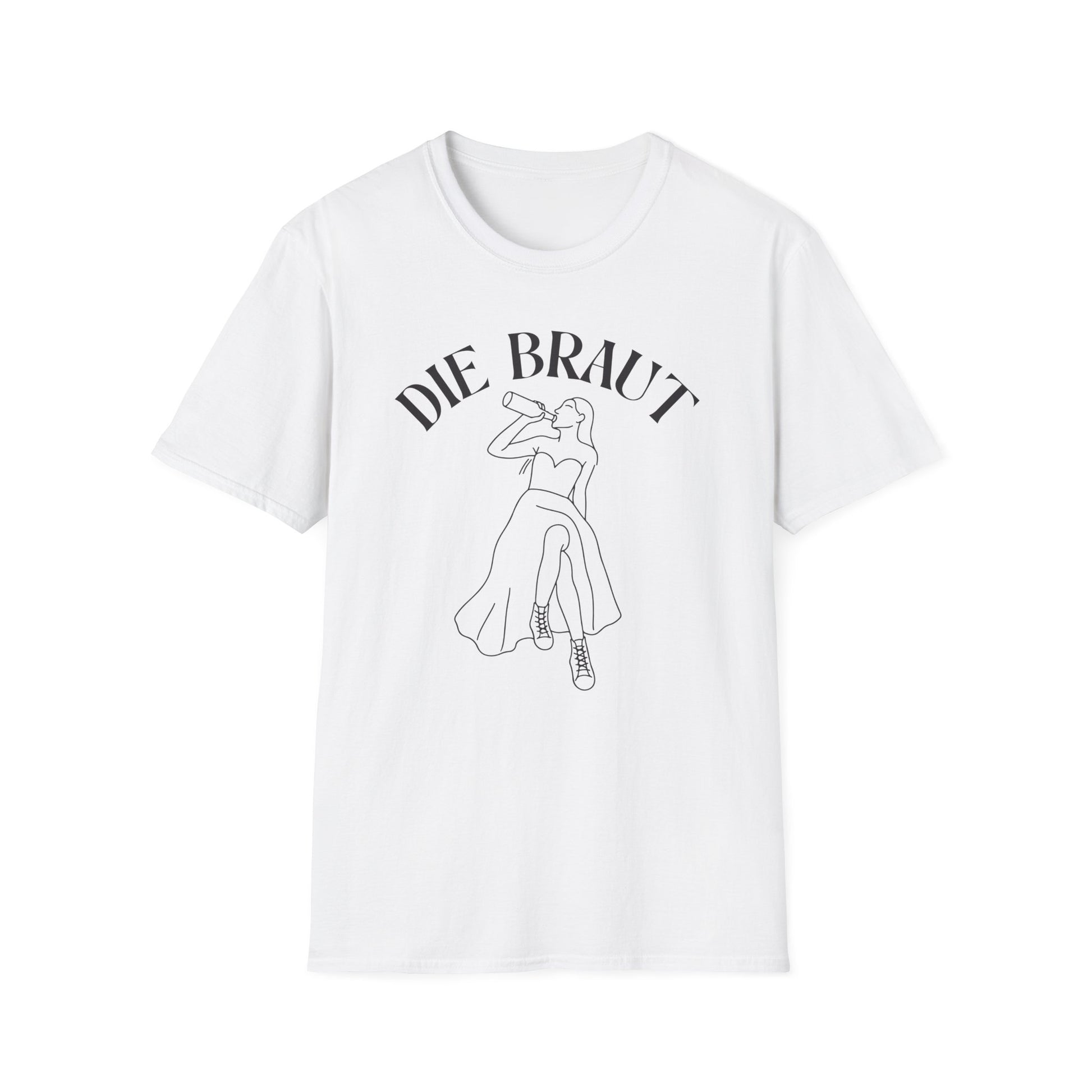 weißes Tshirt mit Braut im Kleid und Turnschuhen. Die Braut trinkt aus einer Alkohol Flasche