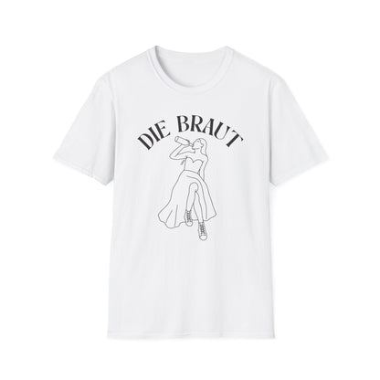 weißes Tshirt mit Braut im Kleid und Turnschuhen. Die Braut trinkt aus einer Alkohol Flasche