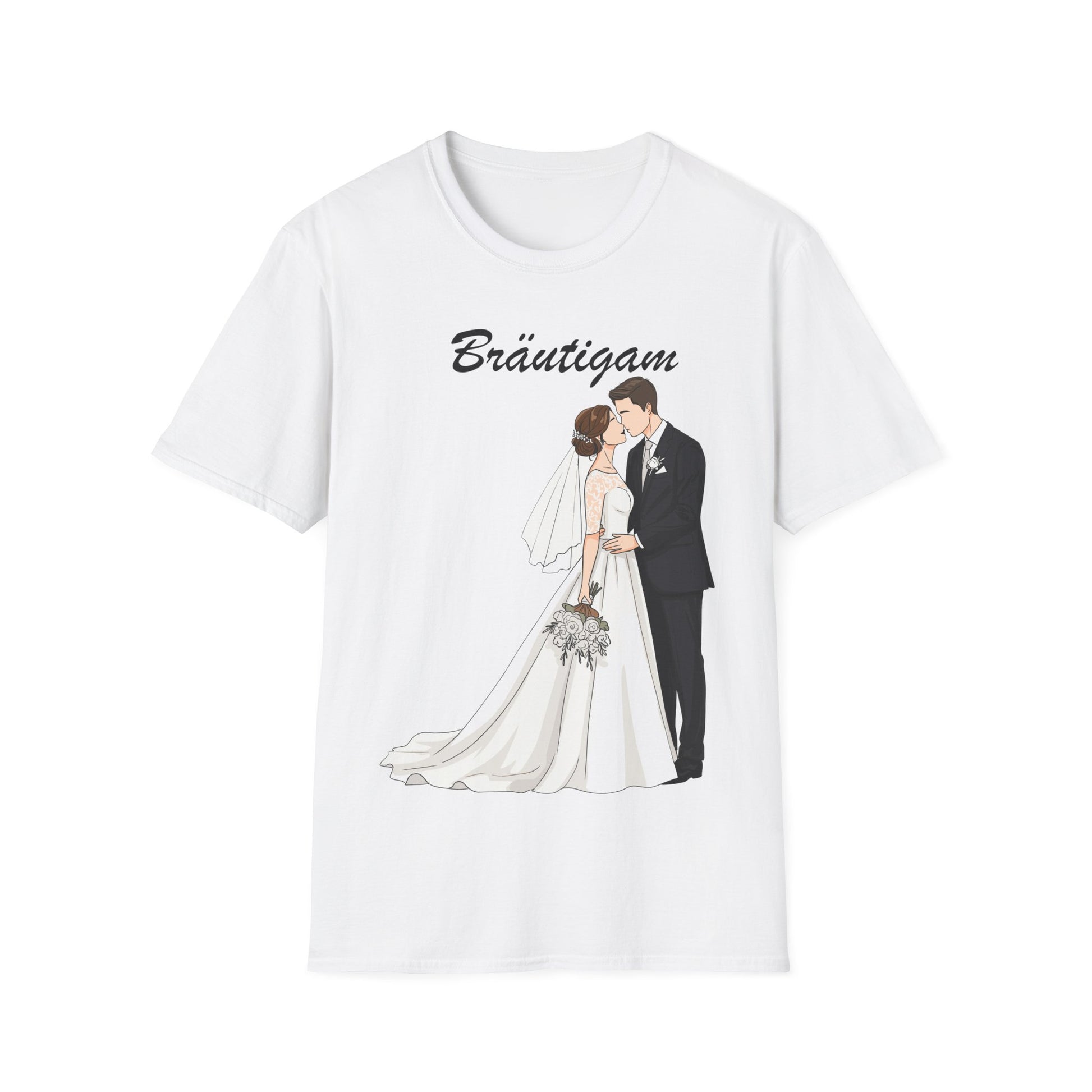 Weißes T-Shirt mit der Aufschrift „Bräutigam“ und einer romantischen Illustration eines Brautpaares – stilvolles Shirt für den Bräutigam.