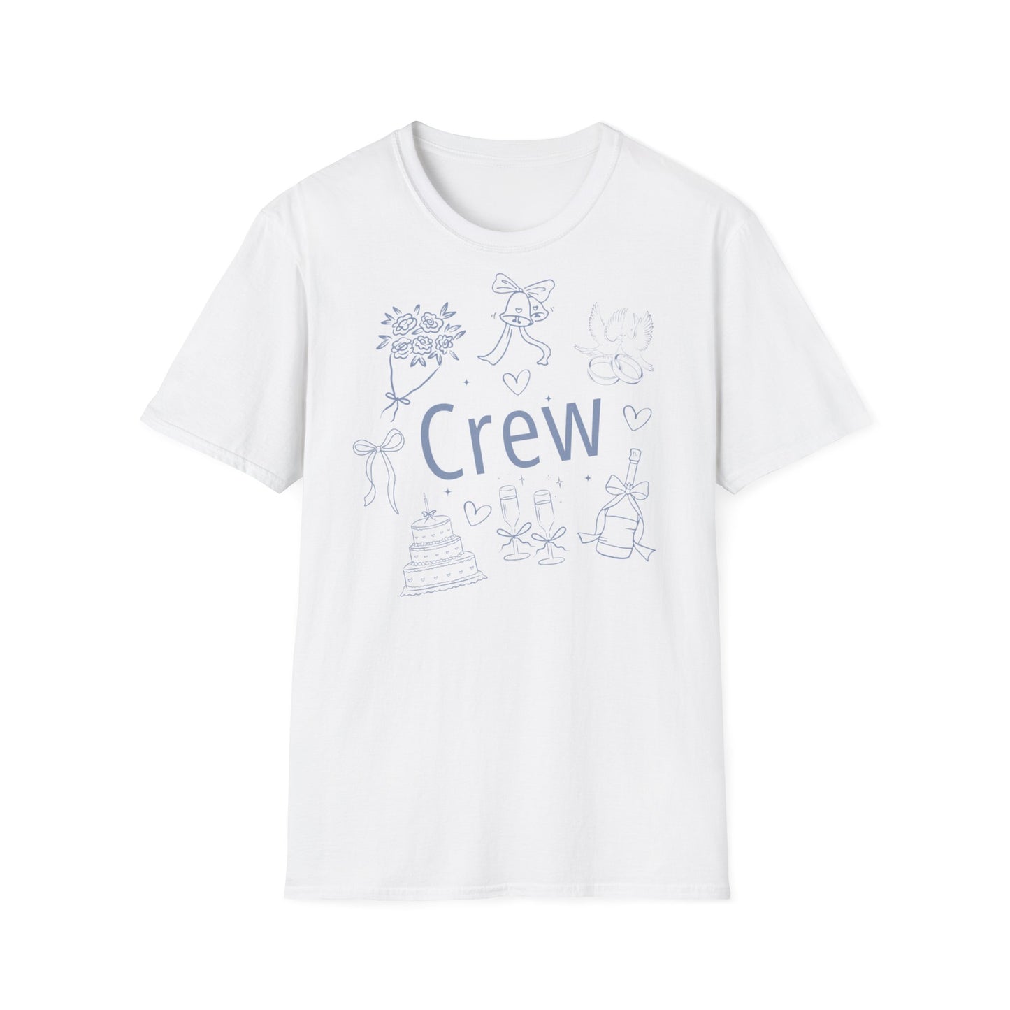 JGA T-Shirt Set mit  „Crew“-Aufdruck – schlichte Hochzeitsmotive wie Ringe, Schleife, Sektgläser – weißes T-Shirt für Frauen