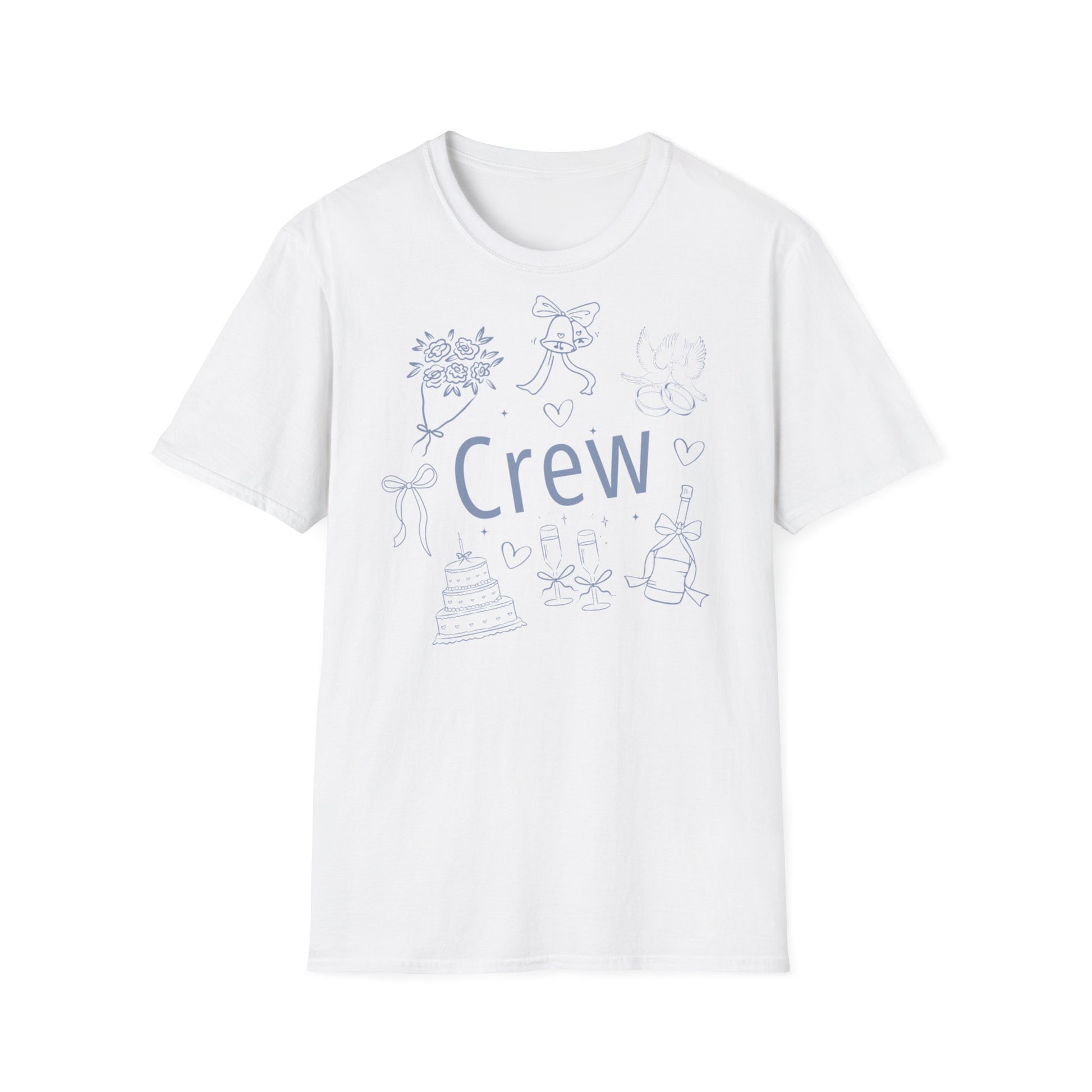 JGA T-Shirt Set mit  „Crew“-Aufdruck – schlichte Hochzeitsmotive wie Ringe, Schleife, Sektgläser – weißes T-Shirt für Frauen