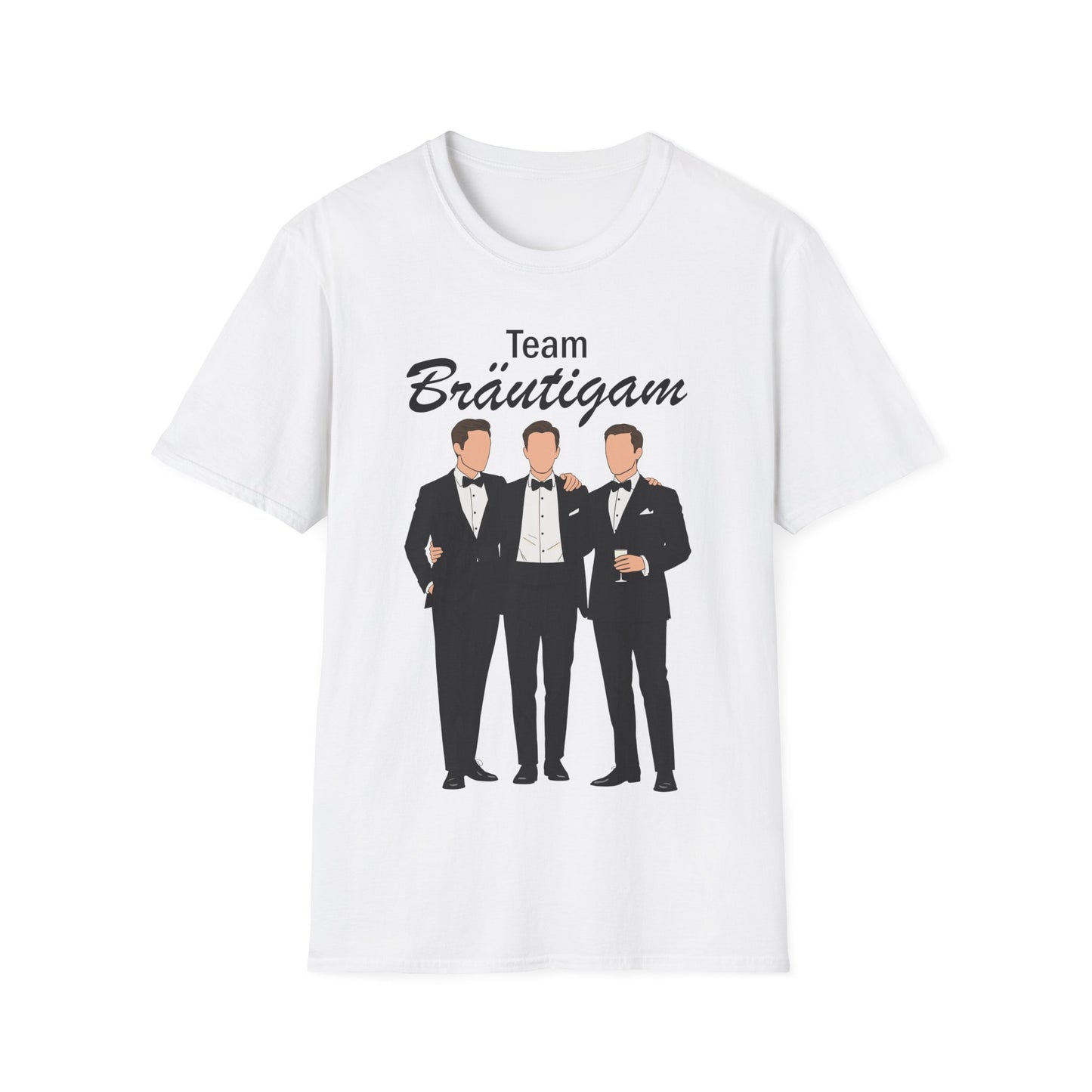 Weißes T-Shirt mit dem Aufdruck „Team Bräutigam“ und Illustration von drei Männern im Anzug – Junggesellenabschied Shirt für das Team des Bräutigams