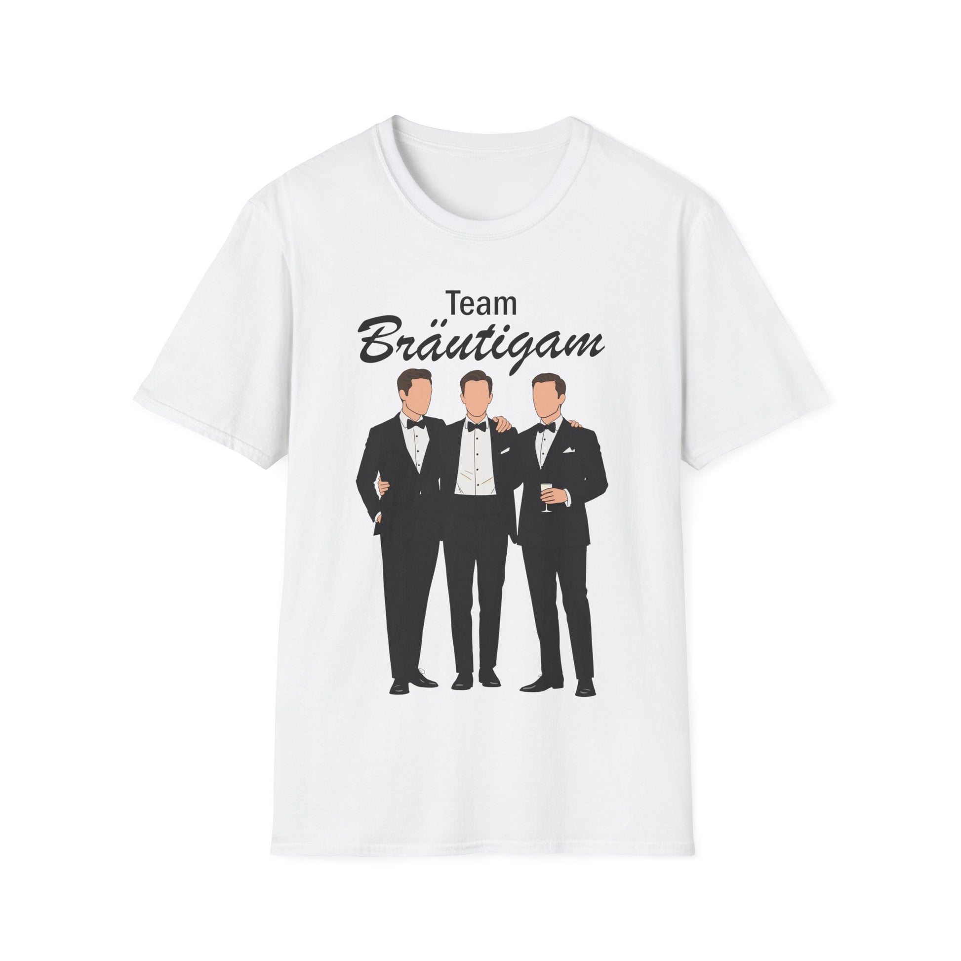 Weißes T-Shirt mit dem Aufdruck „Team Bräutigam“ und Illustration von drei Männern im Anzug – Junggesellenabschied Shirt für das Team des Bräutigams