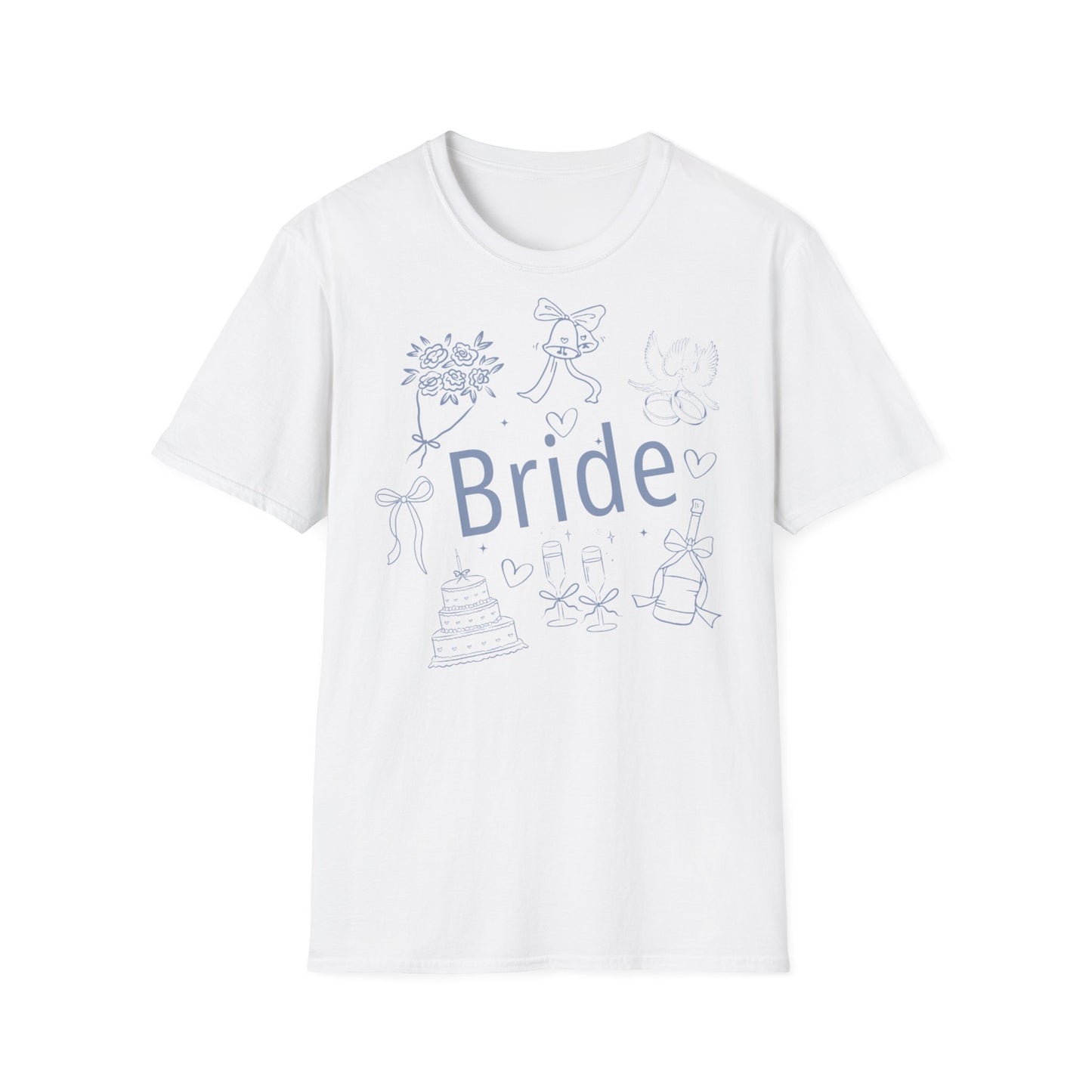 JGA T-Shirt Set mit „Bride“ Aufdruck – schlichte Hochzeitsmotive wie Ringe, Schleife, Sektgläser – weißes T-Shirt für Frauen