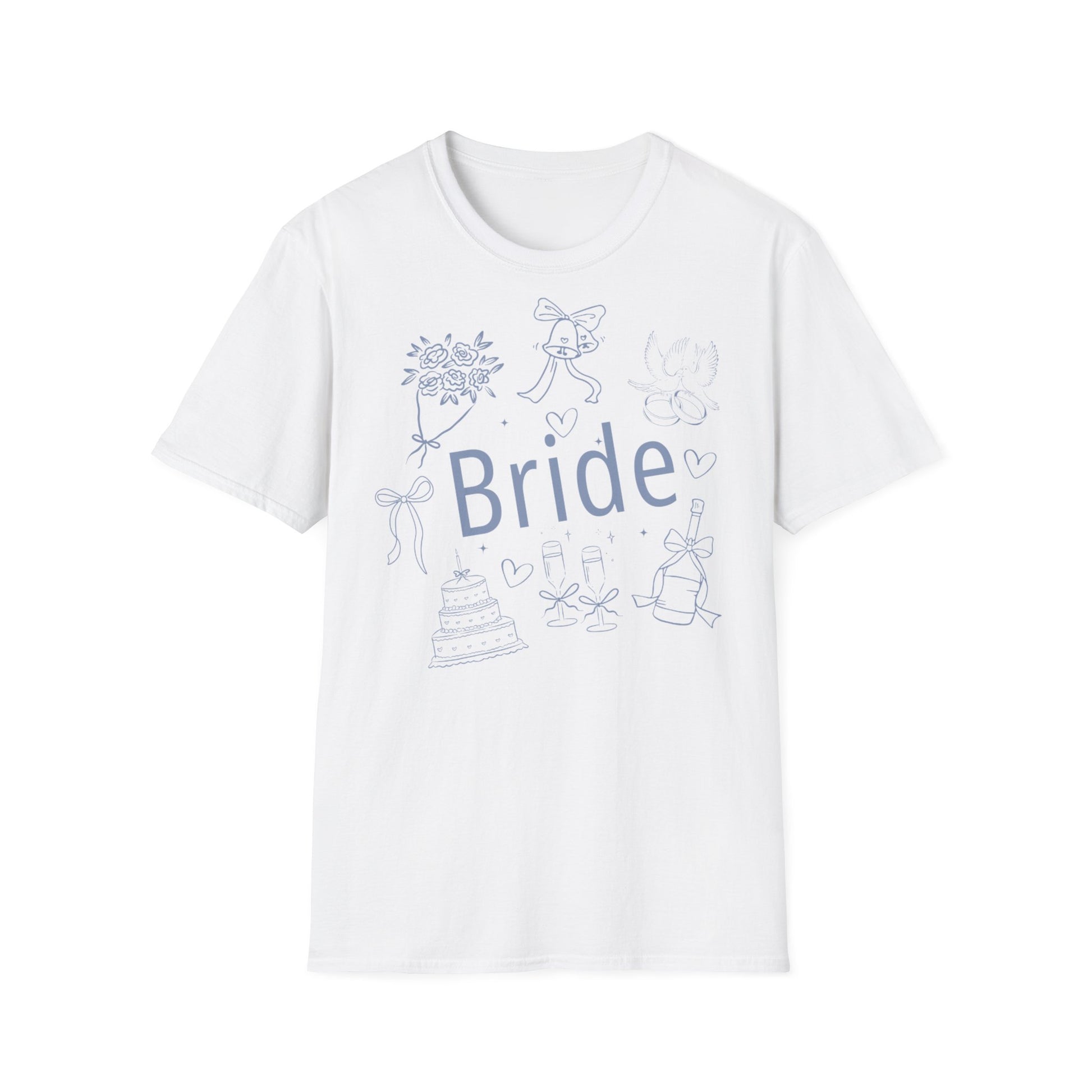 JGA T-Shirt Set mit „Bride“ Aufdruck – schlichte Hochzeitsmotive wie Ringe, Schleife, Sektgläser – weißes T-Shirt für Frauen