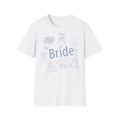 JGA T-Shirt Set mit „Bride“ Aufdruck – schlichte Hochzeitsmotive wie Ringe, Schleife, Sektgläser – weißes T-Shirt für Frauen