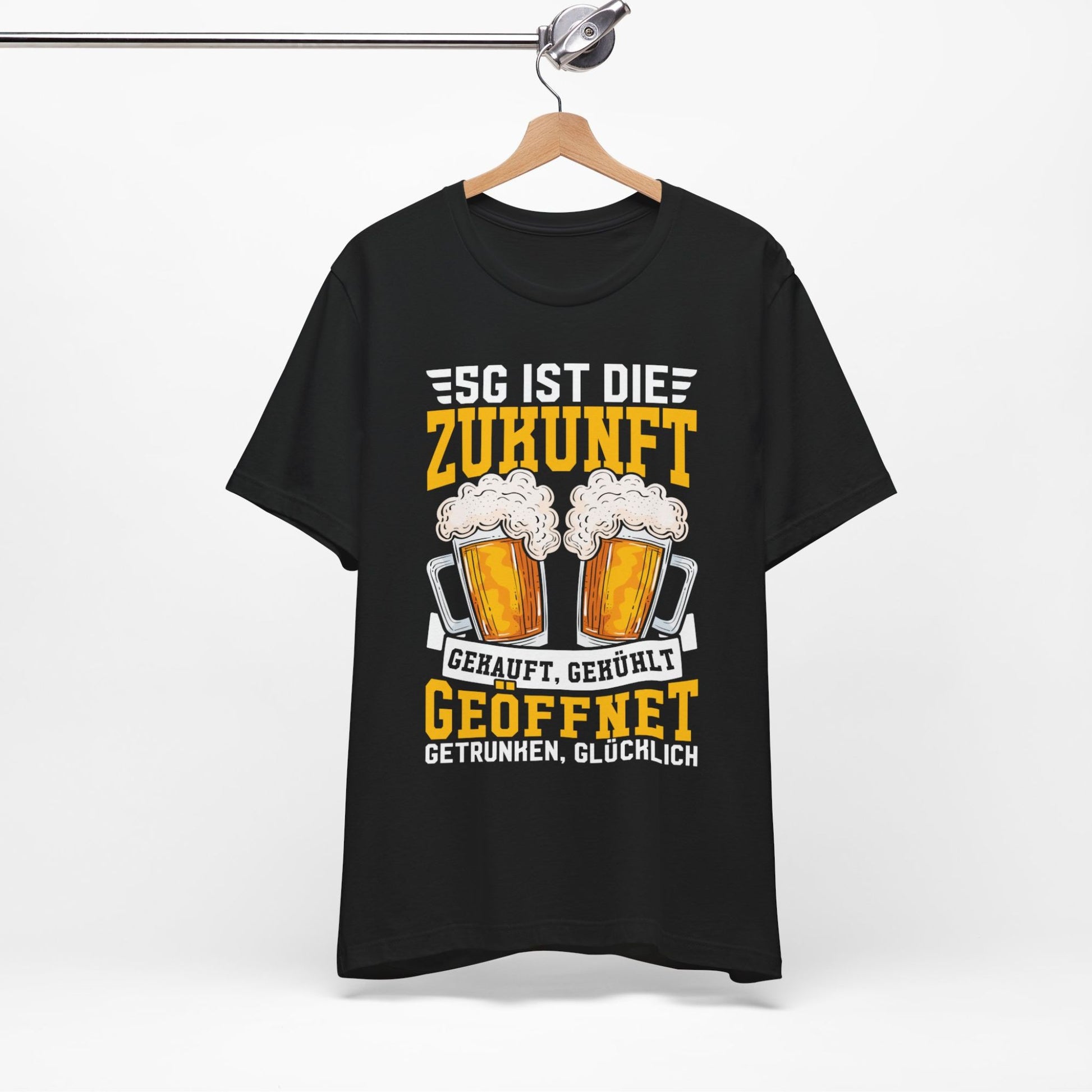 Lustiges T-Shirt mit Spruch '5G ist die Zukunft – Gekauft, Geöffnet, Gekühlt, Getrunken, Glücklich' und Bier-Motiv
