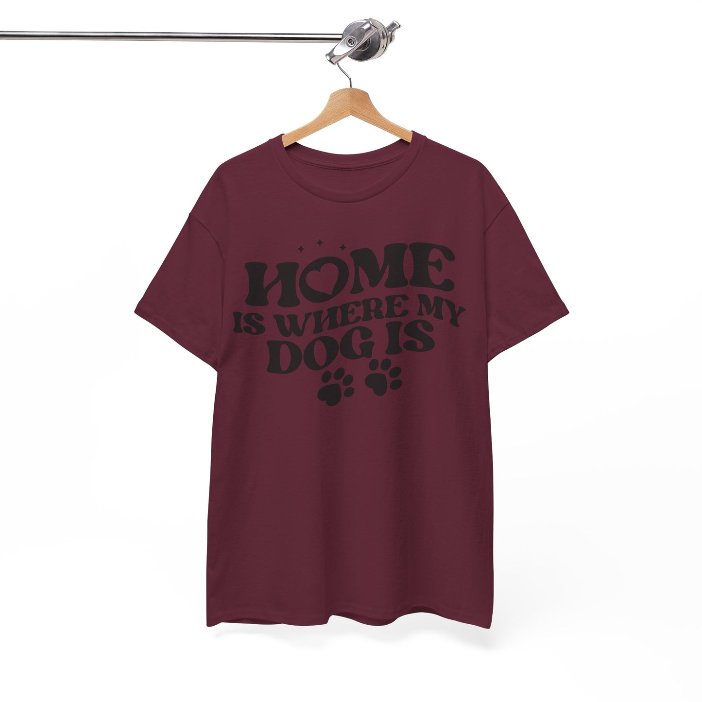 hängendes T-Shirt mit schwarzem Aufdruck „Home Is Where My Dog Is“ und Pfotenmotiv – Hunde Funshirt für Männer und Frauen

