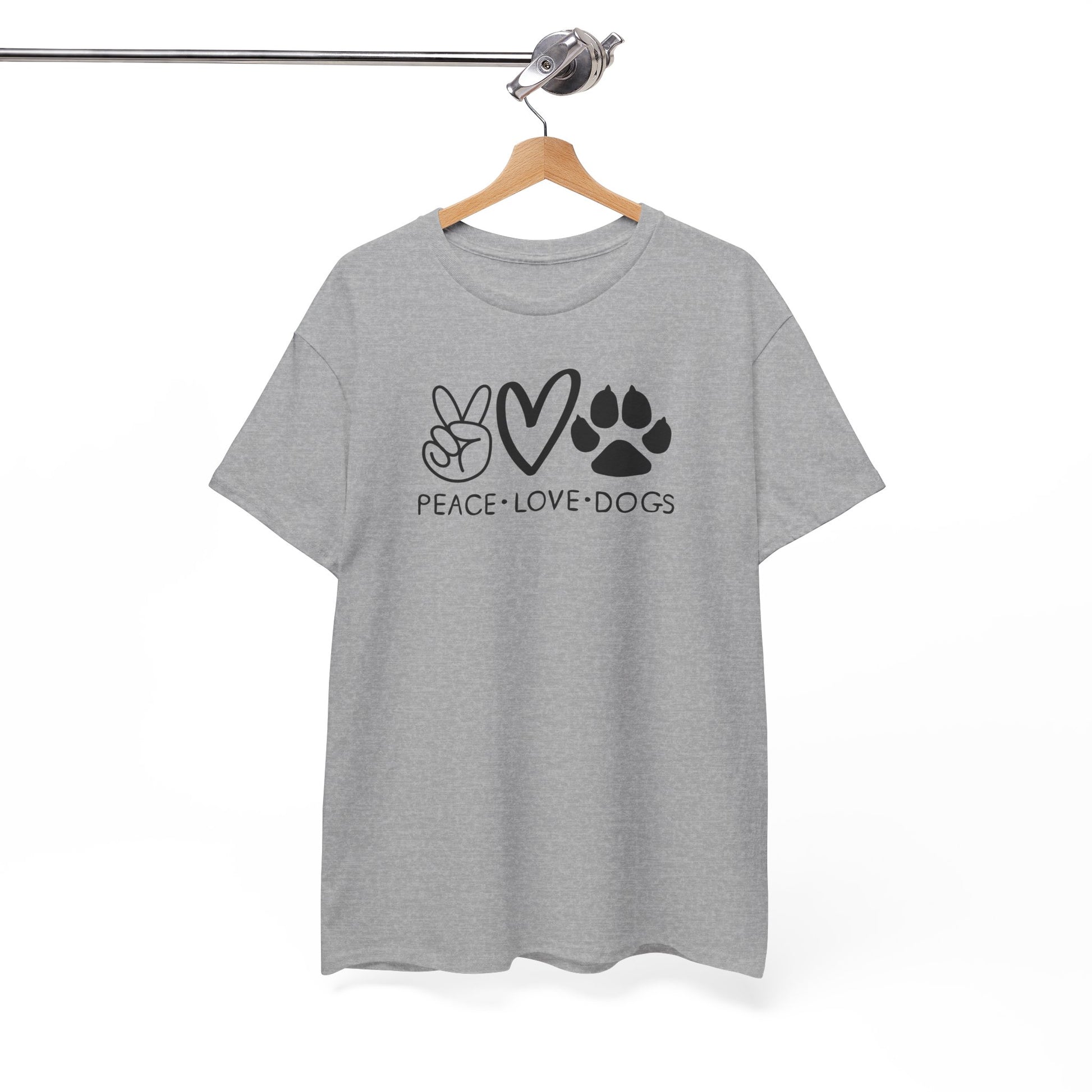graues T-Shirt mit Aufdruck „Peace Love Dogs“ in Schwarz – Lustiges Hunde Shirt für Männer und Frauen