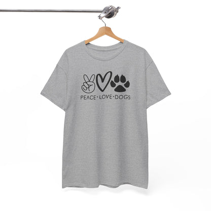 graues T-Shirt mit Aufdruck „Peace Love Dogs“ in Schwarz – Lustiges Hunde Shirt für Männer und Frauen