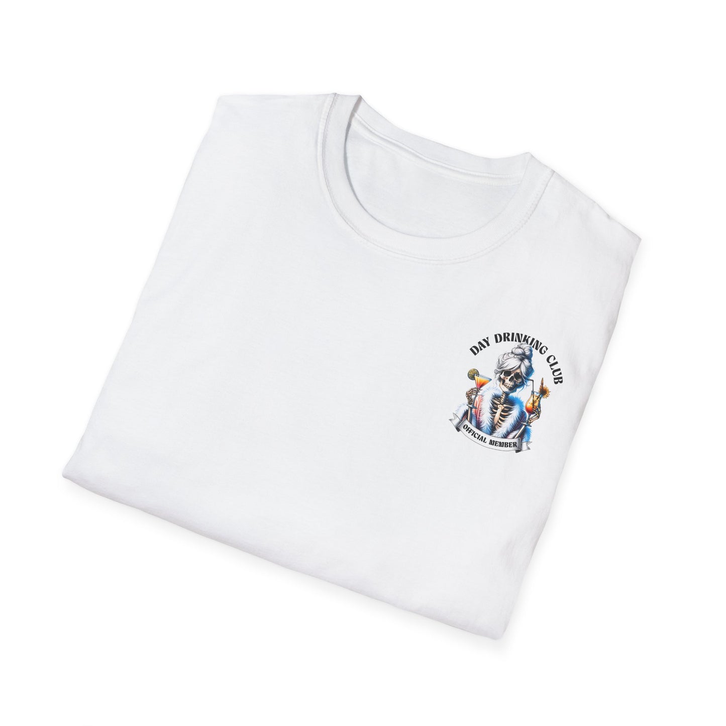 Unisex T-Shirt mit Aufdruck 'Day Drinking Club – Official Member' und Rückseite: Skelett-Dame mit zwei Cocktails