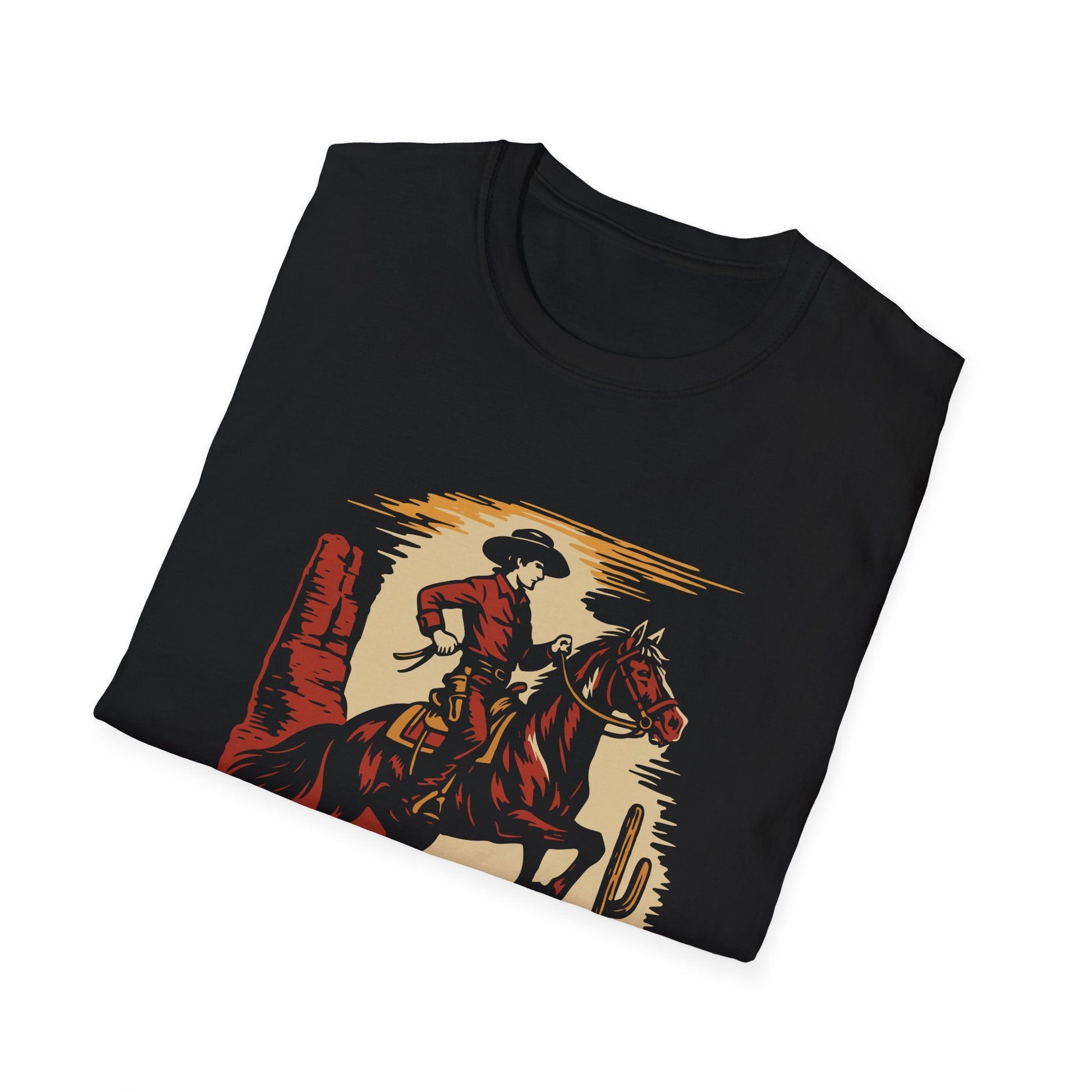Cowboy T-Shirt Herren mit Pferd Western-Motiv auf schwarzem Stoff