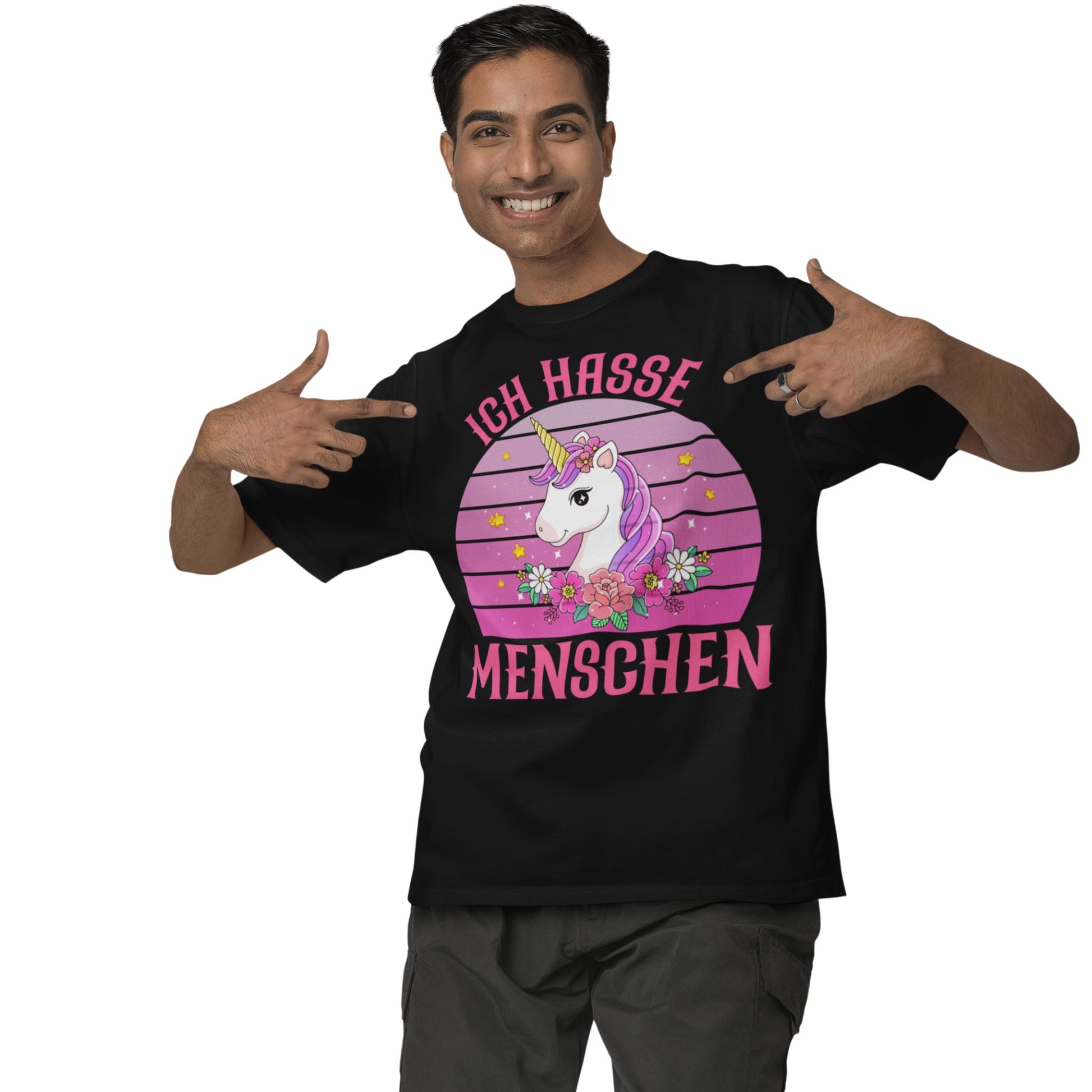 Schwarzes T-Shirt mit rosa Einhorn, Blumen und dem Spruch „Ich hasse Menschen“ – sarkastisch & bunt für Einhorn-Fans mit Attitüde