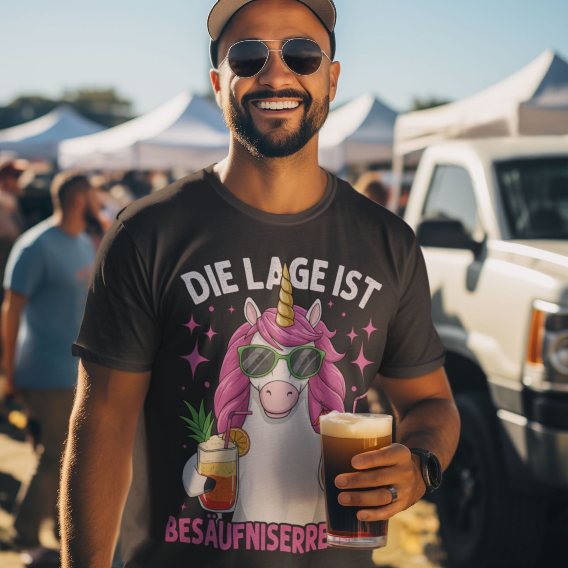 Unisex T-Shirt mit Einhorn und Spruch 'Die Lage ist besäufniserregend' – witziges Partymotiv mit Cocktails"