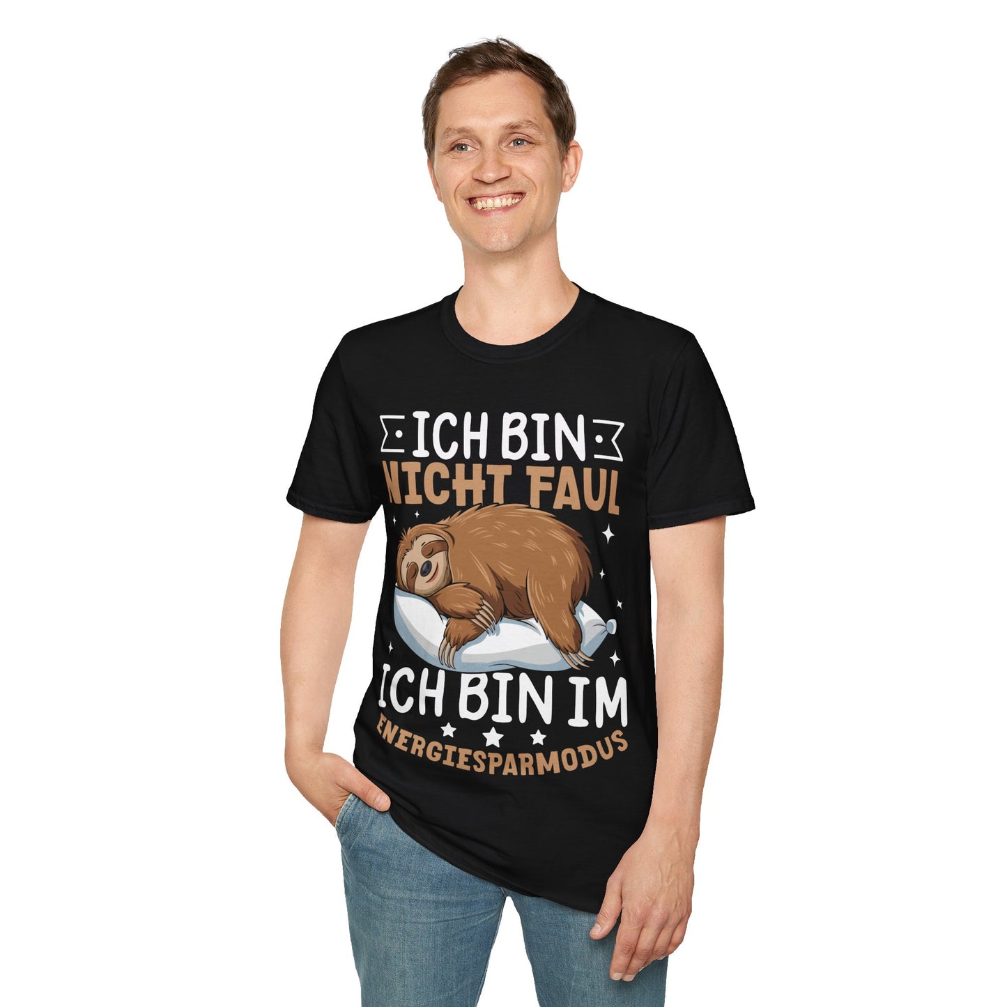 T-Shirt mit Spruch 'Ich bin nicht faul – ich bin im Energiesparmodus' und schlafendem Faultier – witziges Chill-Outfit