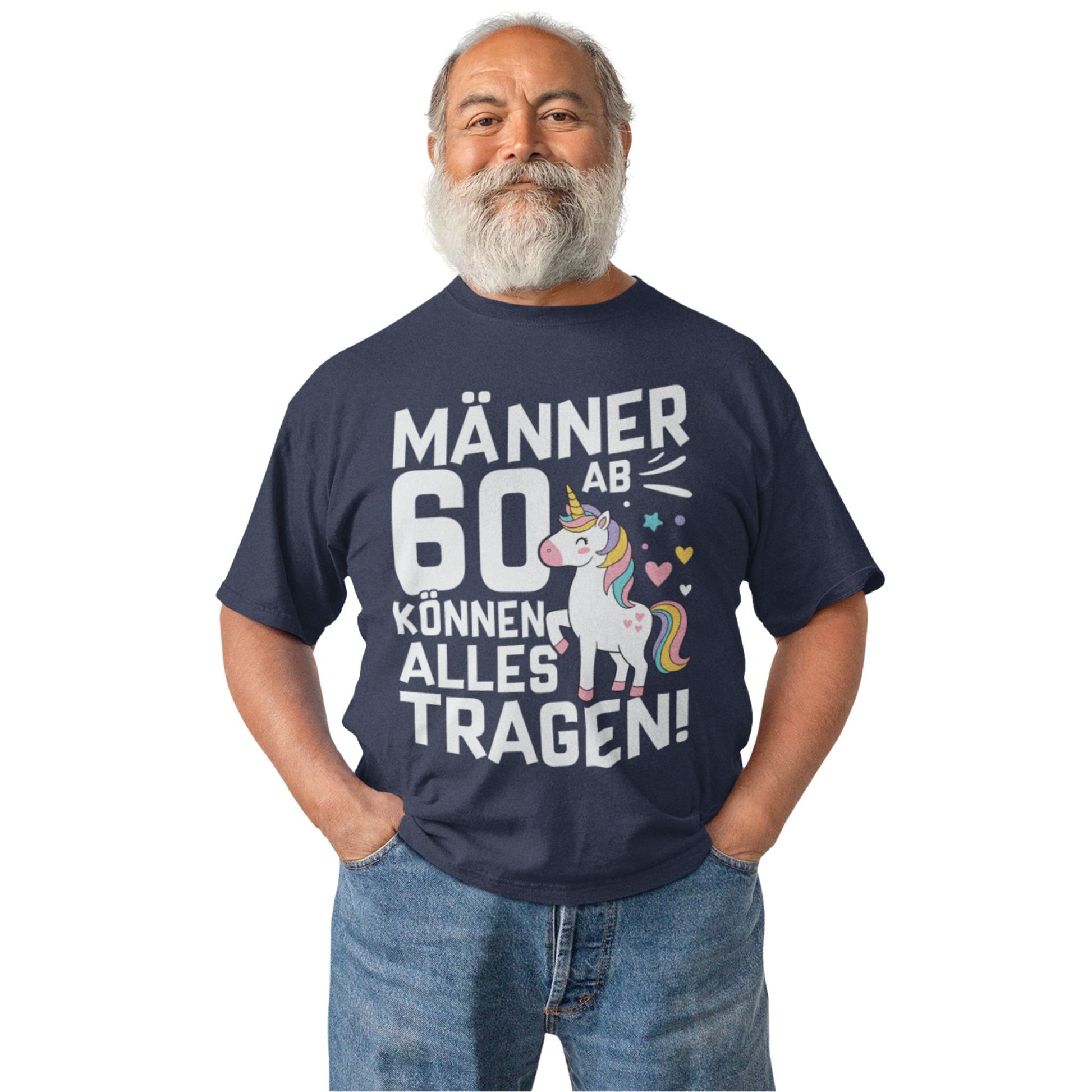 Lustiges Männer T-Shirt mit Einhorn für den 60. Geburtstag – schwarzes Shirt mit bunter Grafik und Humor