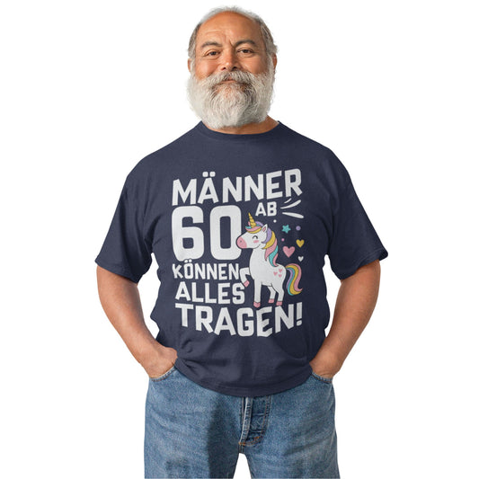 Lustiges Männer T-Shirt mit Einhorn für den 60. Geburtstag – schwarzes Shirt mit bunter Grafik und Humor
