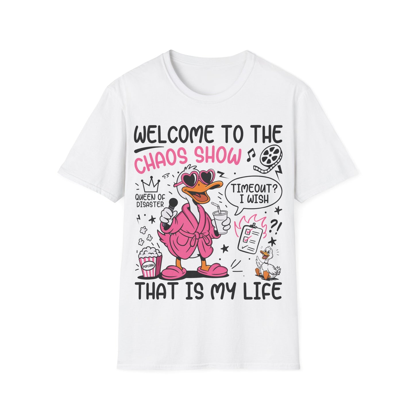 Damen T-Shirt mit Gans im pinken Bademantel und Spruch 'Welcome to the Chaos Show' – witziges Motiv für Frauen