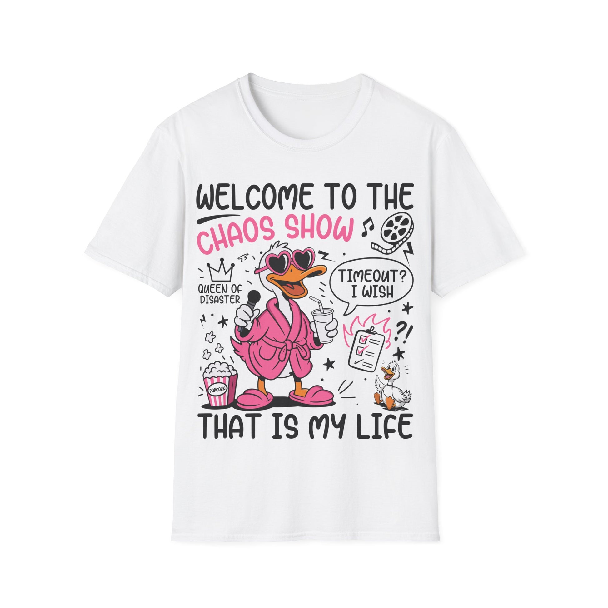 Damen T-Shirt mit Gans im pinken Bademantel und Spruch 'Welcome to the Chaos Show' – witziges Motiv für Frauen