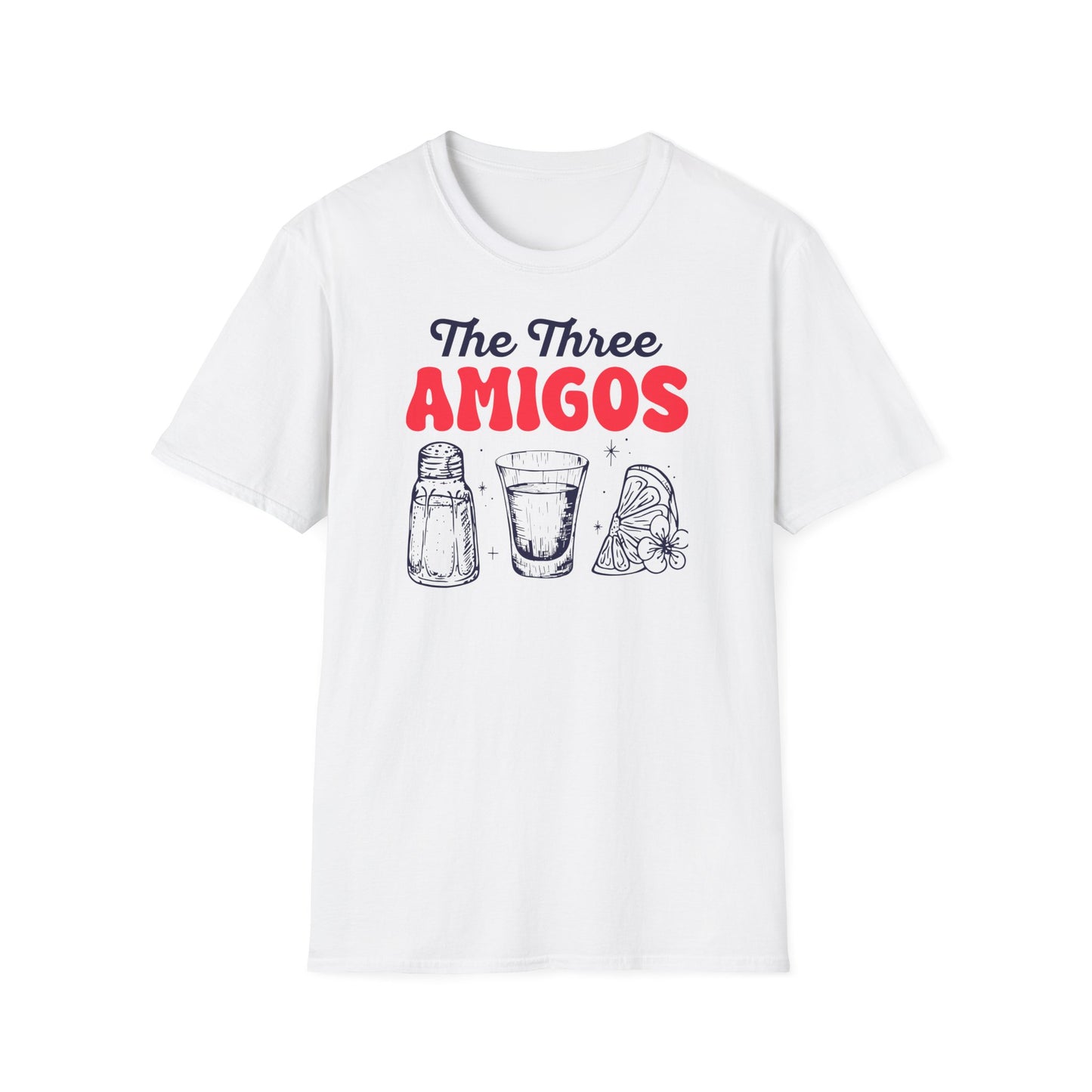 T-Shirt mit Aufdruck 'THE AMIGOS' und Motiven: Salzstreuer, Tequila-Shot & Zitrone – witziges Partymotiv"