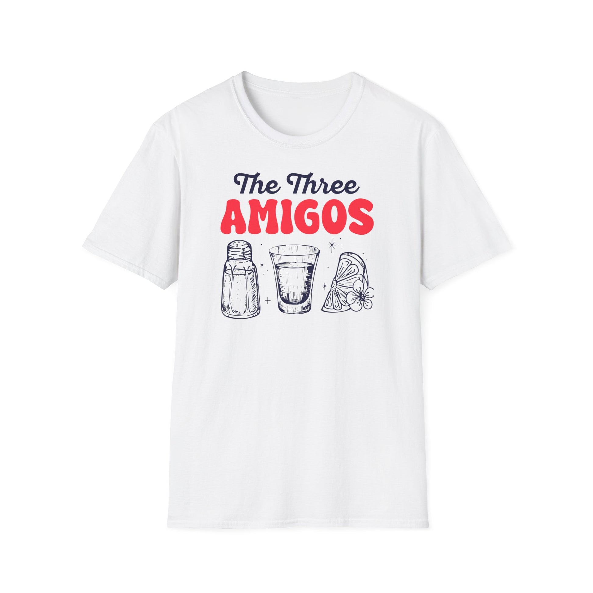T-Shirt mit Aufdruck 'THE AMIGOS' und Motiven: Salzstreuer, Tequila-Shot & Zitrone – witziges Partymotiv"
