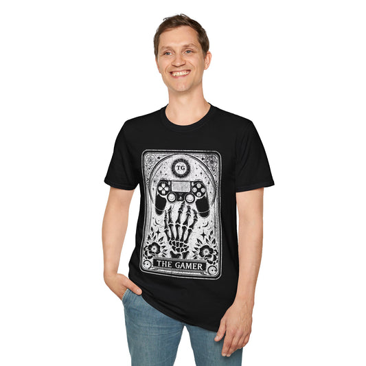 The Gamer Tarot T-Shirt – schwarzes Unisex Shirt mit Skelett-Hand, die einen Gaming Controller hält