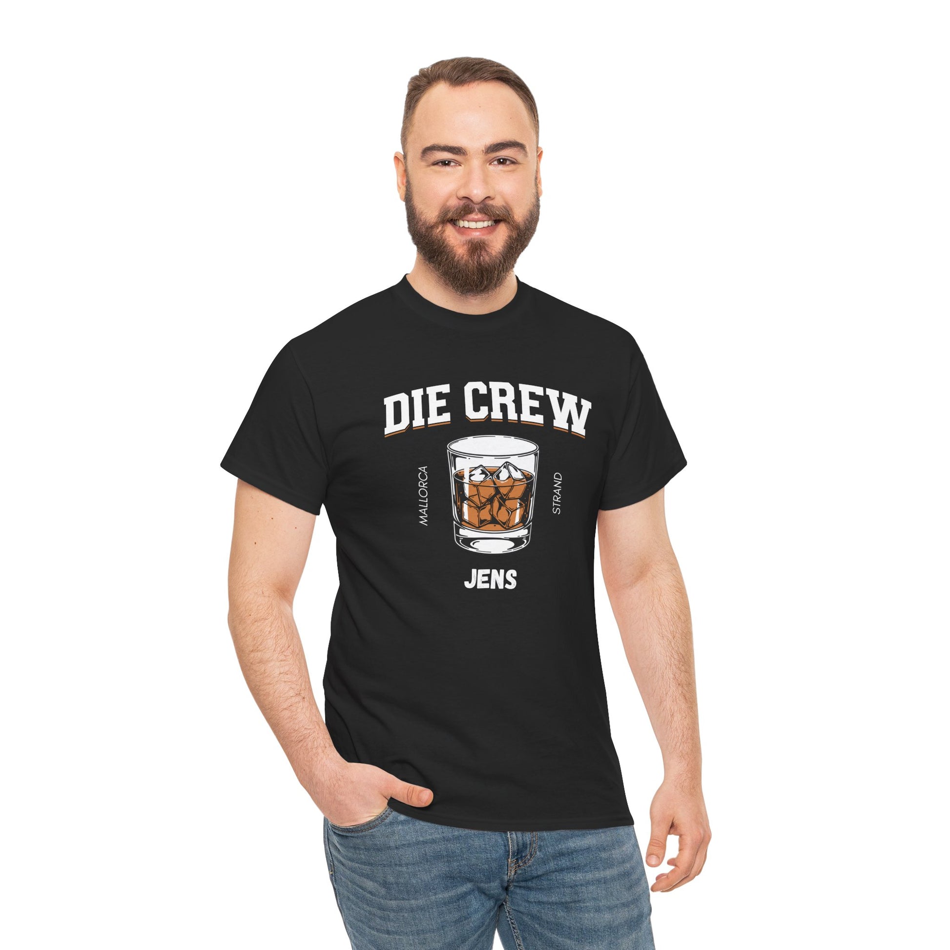 Shirt für die Crew ; weiß mit Aufdruck "Die Crew" Whiskey Glas und personalisierbar mit Ort und Name 