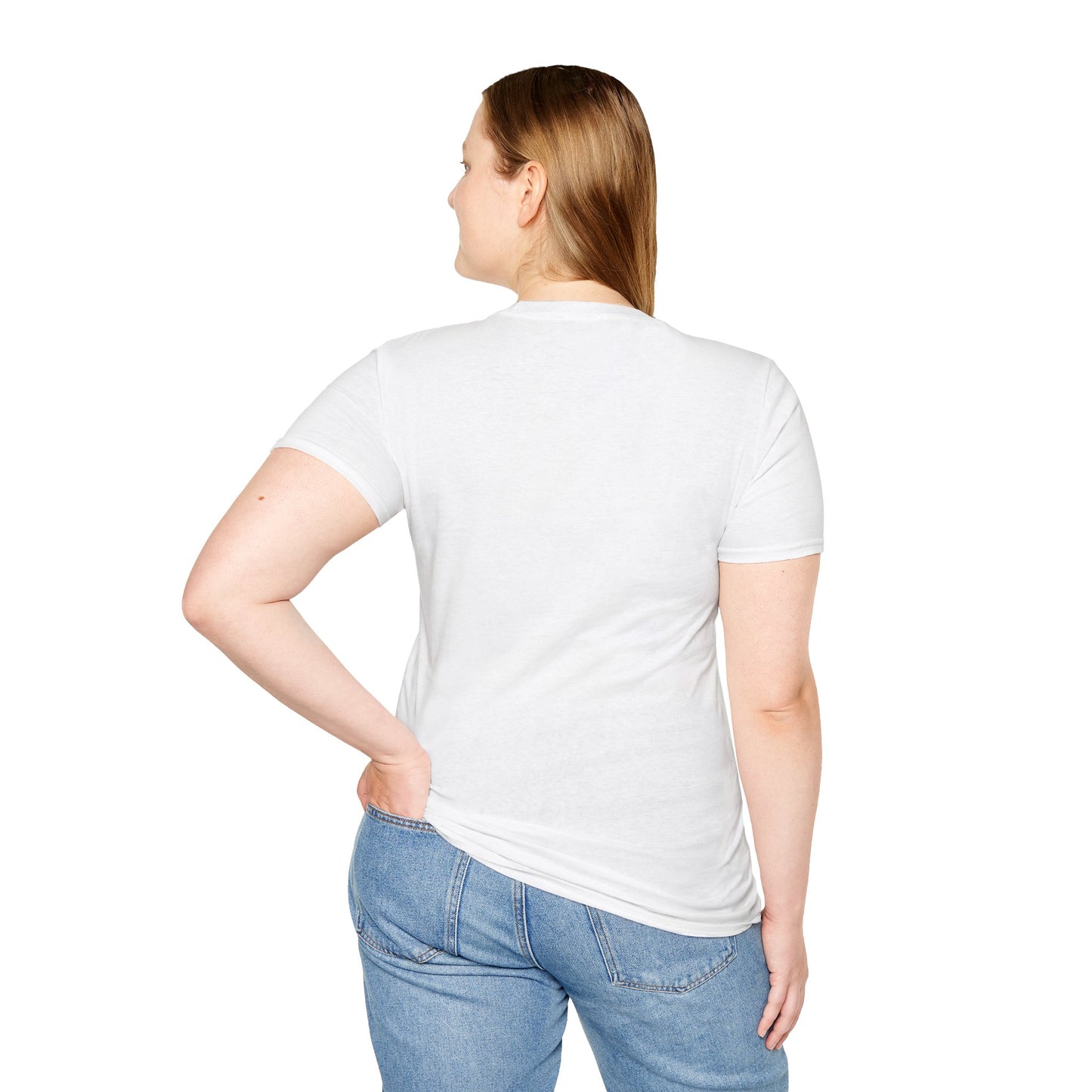 Frau trägt Shirt - Rüückenansicht ohne Motiv - weiß