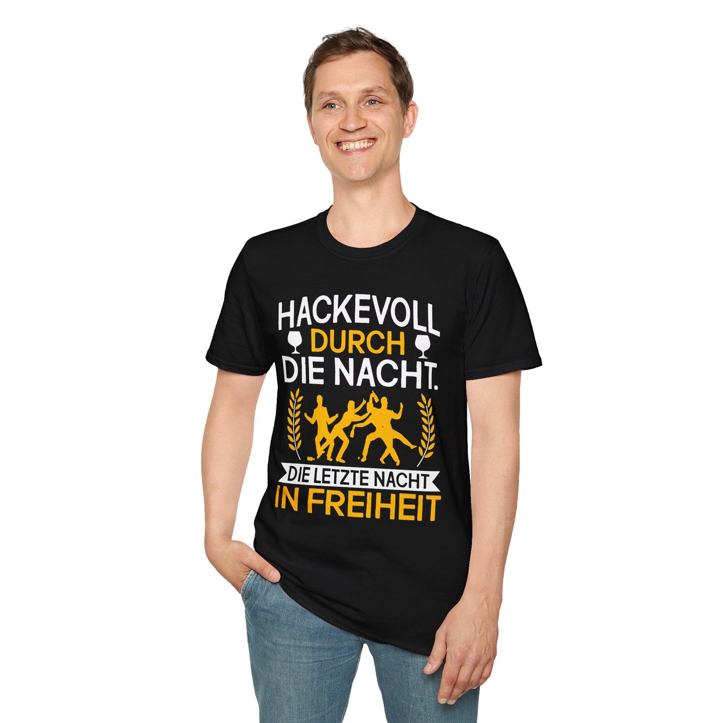 Schwarzes JGA-T-Shirt mit dem Spruch „Hackevoll durch die Nacht – Die letzte Nacht in Freiheit“, gelb-weiße Grafik mit feiernden Personen