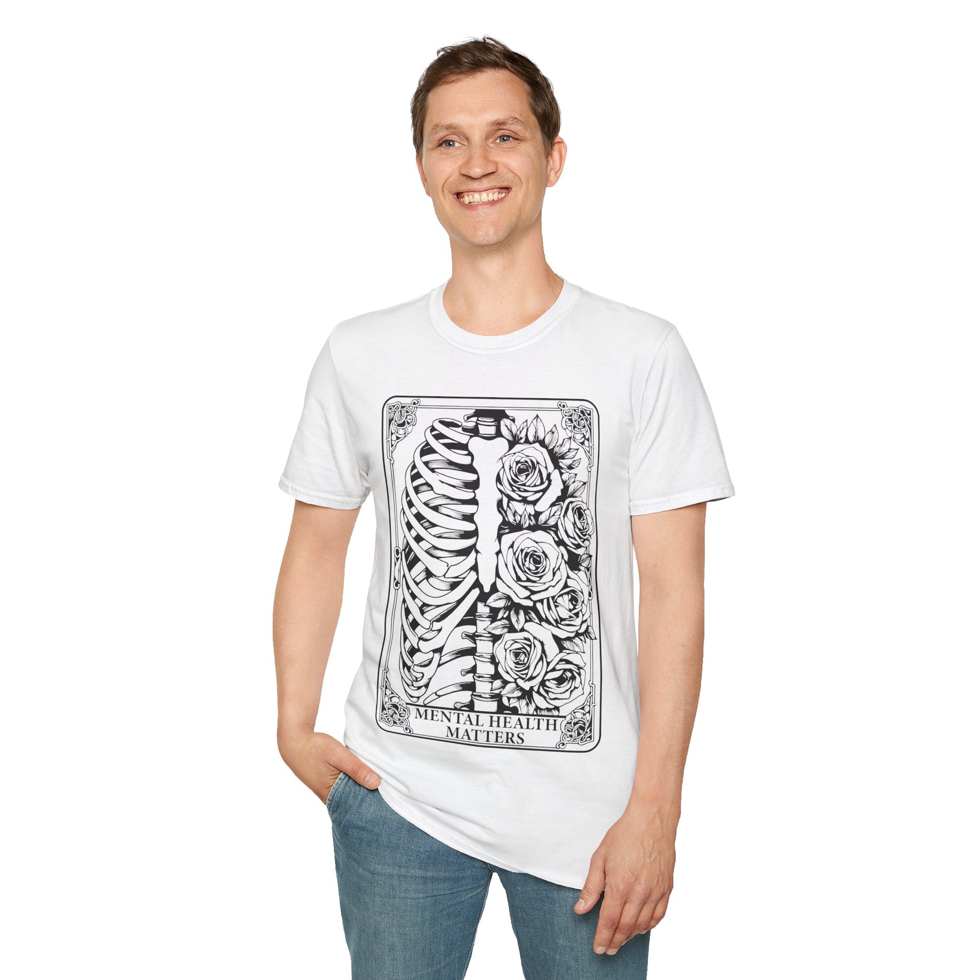 Cooles T-Shirt mit Skelett und Rosen, ideal für Fans von Tarot oder Gothic-Stil.
